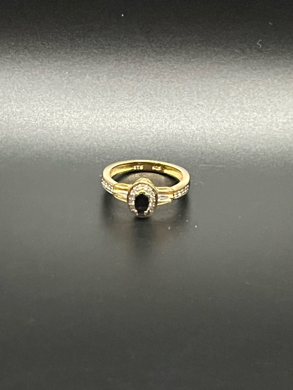Gold Teardrop Black Stone Ring with Halo Accent Sterling Silver